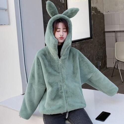 Women Loose Faux Rabbit Fur Jacket Coat Women Thick Winter Faux Rabbit Fur Jackets Ladies Cute Outerwear Coat Warm Parka Female