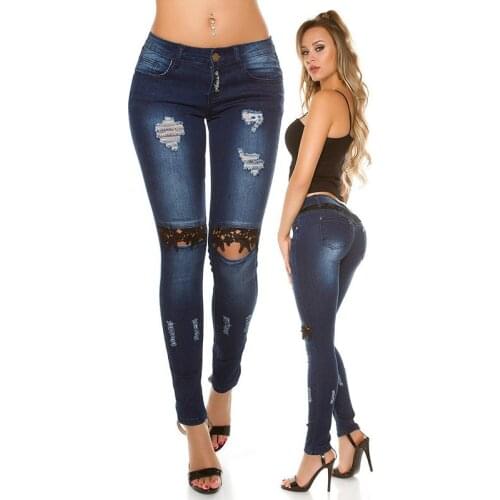 Jeans woman high waist jeans slim pencil hole jean for women mujer 2019 skinny jeans woman denim dark blue femme plus size lace