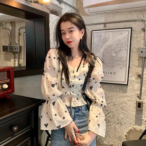 Women Top French Floral Bubble Long-sleeved Shirt Female Design Niche Sense of Summer New Korean Style Loose Top Tide