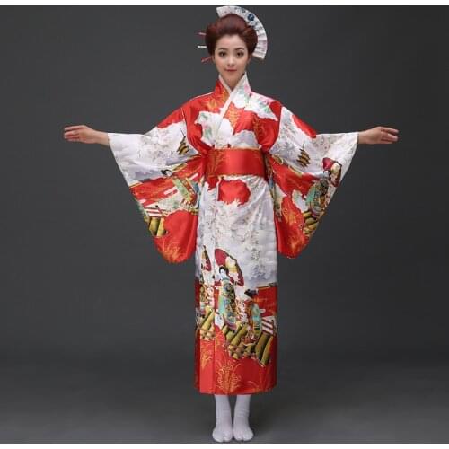 Promotion Red Female Sexy Silk Kimono Japanese Vintage Yukata With Obi Novelty Floral Evening Dress One size 021504