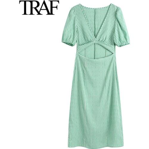 Traf Za Women Clothing Summer 2021 Chic Short Sleeve Dresses French Fashion Plaid Medium Long Midi Dress Willon Green Dress