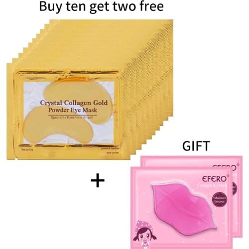 10pair Gold Collagen Eye Mask for Face Care Mask Under the Eye Patches Remove Dark Circle Puffiness + Gift 2pcs Crystal Lip Mask