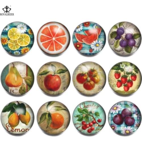 12pcs/lot Hot Sale Fruit Patterns White Flower Mixed Glass Beads Charms 18mm Cabochon Fit 18/20mm DIY Snap Jewelry KZ1218