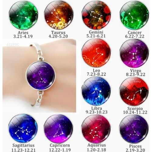 12 Constellations Pisces Libra Aries Taurus Virgo Leo Zodiac Sign Glass Cabochon Jewelry Bracelet Men Women Birthday Gift
