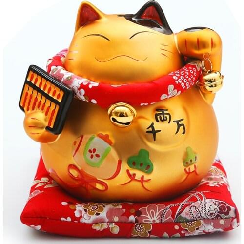 6 inch Golden Ceramic Maneki Neko Statue Lucky Cat Money Box Feng Shui Figurine Home Decor Ornament