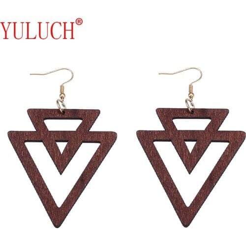 YULUCH African Wooden Geometric Overlapping Inverted Triangle Hollow Pendant for Ethnic Woman Personality Earrings Jewelry