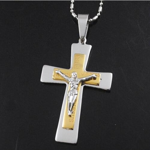 AMUMIU Fashion God Jesus Cross charm Pendant Gold Color Mens Jewelry,Fashion Stainless Steel Cross Necklace For Men KP1174