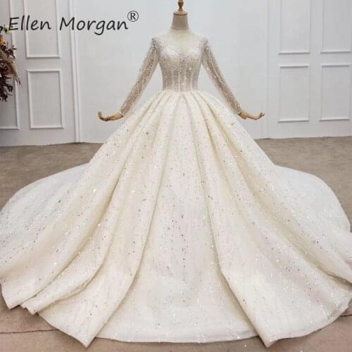 Glitter Luxury Lace Ball Gowns Wedding Dresses for Women Custom Made Puffy Long Sleeves Saudi Arabian Elegant for Bridal 2020