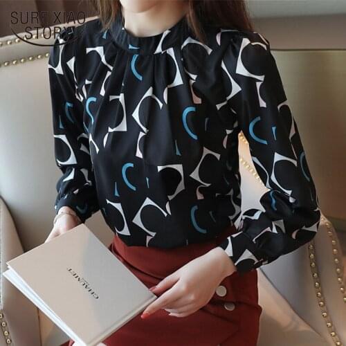 Chiffon Blouse Women Print O-neck Blouse Autumn Women Blouses Korean Fashion Casual Long Sleeve Yellow Black Ladies Tops 6053 50