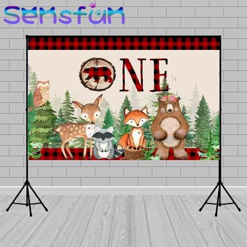 Black red grid photo background custom one birthday party banner photobooth woodland party backdrop fox bear photo studio poster