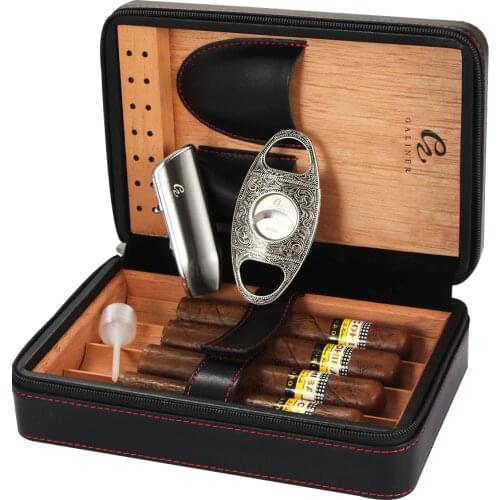 GALINER Travel Humidor Cigar Case Leather Cedar Wood Liner 4 Tube Cigar Humidor Box W Gas Torch Lighter Cigar Cutter Guillotine