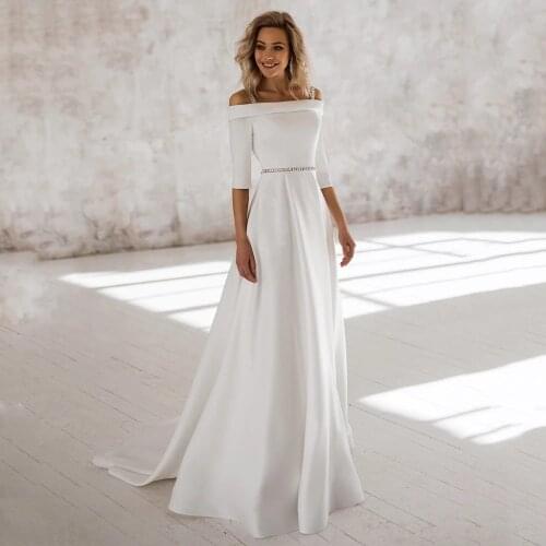 Fivsole Elegant Simple A Line Satin Wedding Dress Off Shoulder Half Sleeves Bridal Gowns Beads Belt Brides Gowns Robe De Mariée