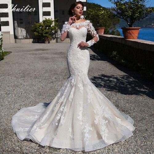 Lhuilier Elegant Mermaid Lace Champagne Wedding Dresses Boat Neck Full Sleeves Floor Length Bridal Gowns with Appliques