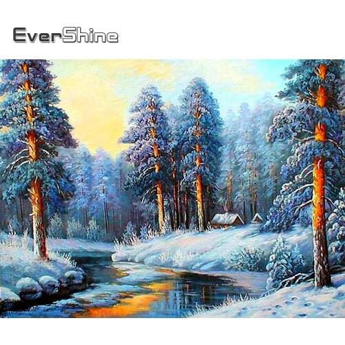 EverShine Full Diamond Painting Landscape Needlework 5D Diamond Embroidery Winter Tree Mosaic Art Kits Lake Decor For Home