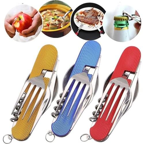Multifunction Spoon 3-in-1 Stainless Steel Outdoor Travel Camping Hiking Folding Spoon Fork Knife Pocket Beer Bottle Opener