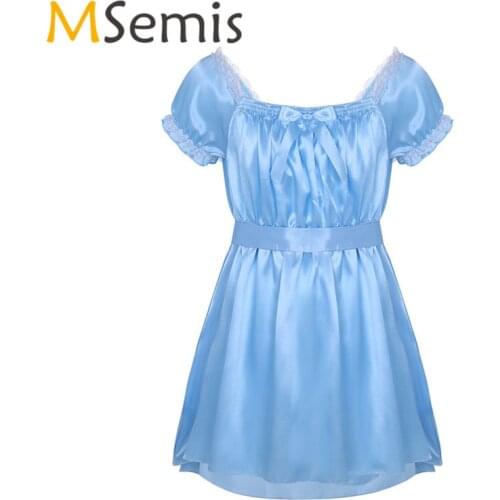 Mens Lingerie Sissy Dress Gay Shiny Dress Brilliant Dress Gay Soft Satin High Low Crossdress Dress with Sash Nightwear Underwear
