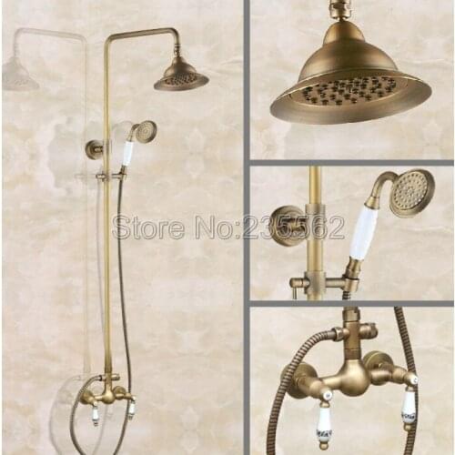 Wall Mounted Bathroom Antique Rainfall Shower Faucet Set With Ceramic Handheld Spray Wall Mounted Brass Finish Mixer Tap lan110