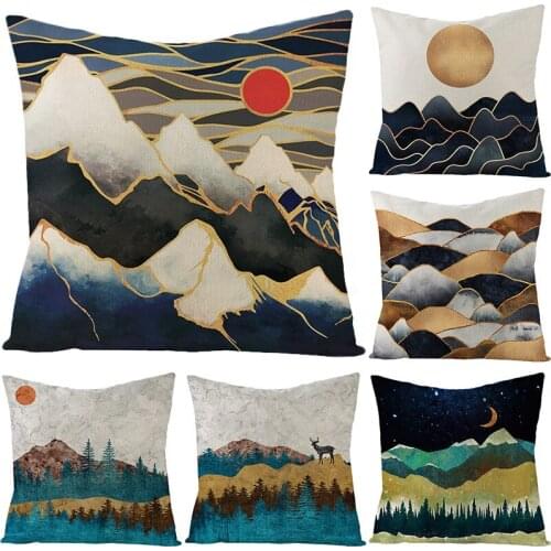 Mountain forest sunrise Oil Painting Cushion Cover Decorative pillow for Home Sofa Chair Decor funda Cojin Child New Year Gifts