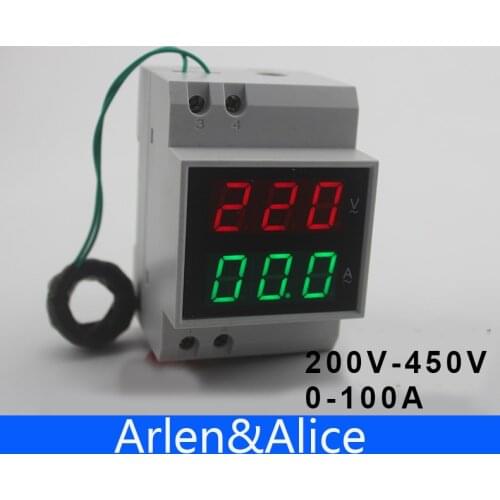 Din rail LED display Voltage and current meter with extra CT Current Transformers voltmeter ammeter range AC 200-450V 0.1-99.9A