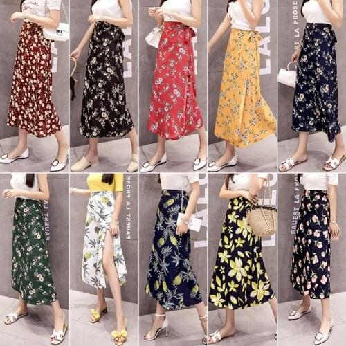 Summer Women Flower Print Chiffon Skirt Female Casual Lace-Up Harajuku Mid-Calf Bow High Waist Vintage Bandage Skirts