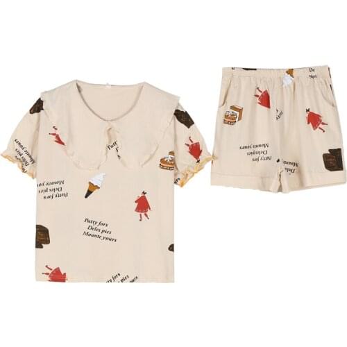 Women Full Pure Cotton Pajamas Set Summer Thin Pajamas Two Piece Set Sleepwear Cute Pattern College Lapel Shorts Set M-XXL