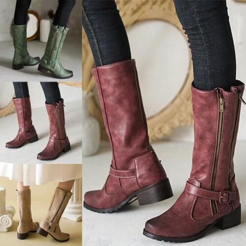 Womens Fashion Buckle Thick Heel Double Zipper Casual Mid-tube Boots Vintage Solid Color Leather Women Shoes Botas De Mujer