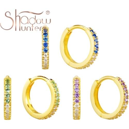 SHADOWHUNTERS Authentic 925 Sterling Silver Huggies Hoop Earrings Gold Color Earring With Green Blue Purple Zircon Women Jewelry