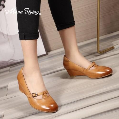 Mona Flying Women‘s Mary Jane Shoes Genuine Leather Wedge Pumps Elegant Round-Toe High Heel Dress for Ladies 2020 New 078-005
