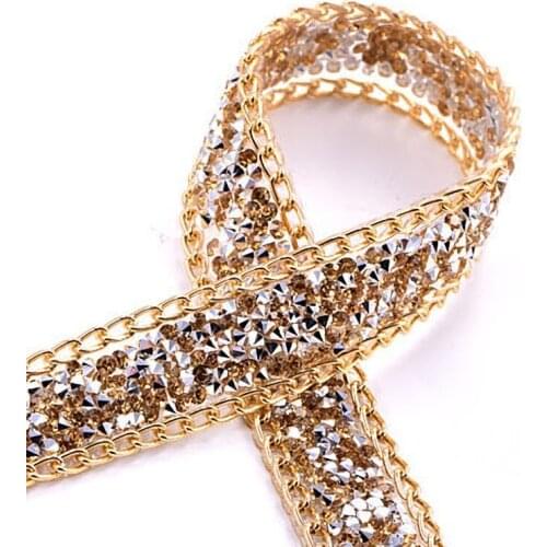 2cm Gold Rhinestons Trim With Chain DIY AB Rhineston Crystal Ribbon Wrap Wedding Dress Trim Ironing Accessories Party Decor