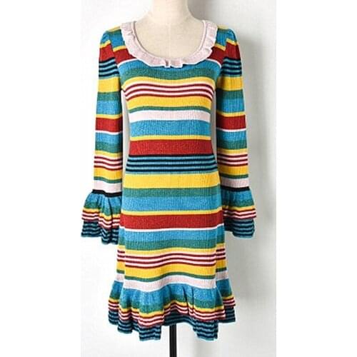 2018 New Contrast Color Striped Gold Lace Ruffled Knit Skirt Knit Ruffled Sleeve Dress Round Neck Fashion High Waist Slim
