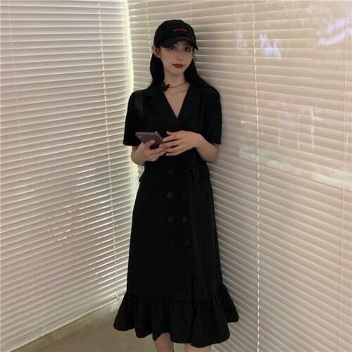 2020 Women Summer Short Sleeve Double Breasted Long Loose Blazer-dress Notched Collar Ruffles Fishtail Dresses