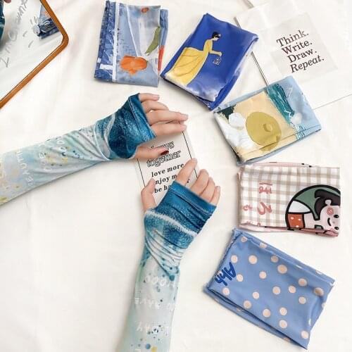 2021 Summer Fingerless Gloves Mittens For Women Men Outdoor Bike Cycling Driving Long Gloves Cartoon Printed Ice Silk Gloves