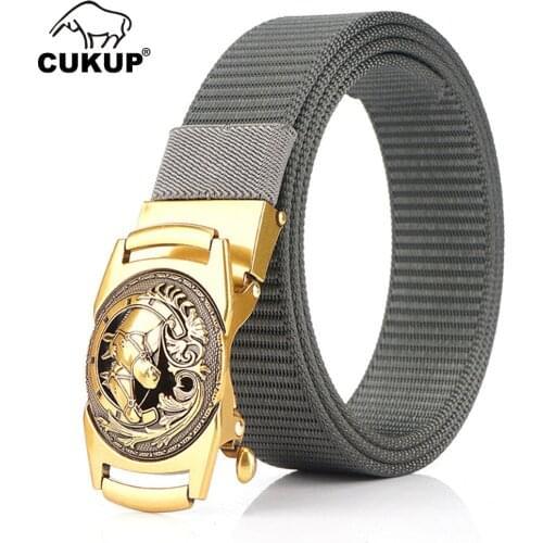 CUKUP 2020 Unique Design Zinc Alloy Horse Head Buckle Metal Belt High Quality Nylon Belt Canvas Belts for Men 3.5cm Wide CBCK163