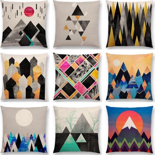Impressionist Sunrise Sunset Abstract Colorful Sun Geometric Mountain Ornate Triangles Peaks Beautiful Cushion Cover Pillow Case