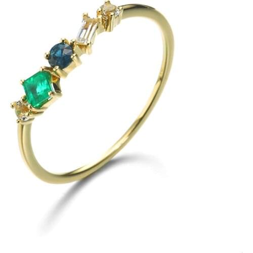 UBESTNICE Trendy Pure 9/14K Yellow Gold Geometric Natural Emerald Sapphire White Topaz Rings For Women Party Gift Fine Jewelry