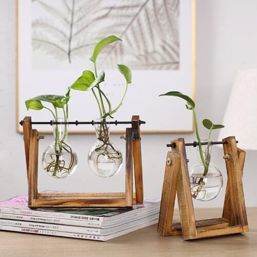 Terrarium Creative Hydroponic Vase Wooden Frame Desktop Plant Transparent Glass Planter Bulb Vase Stand for Hydroponics Plants