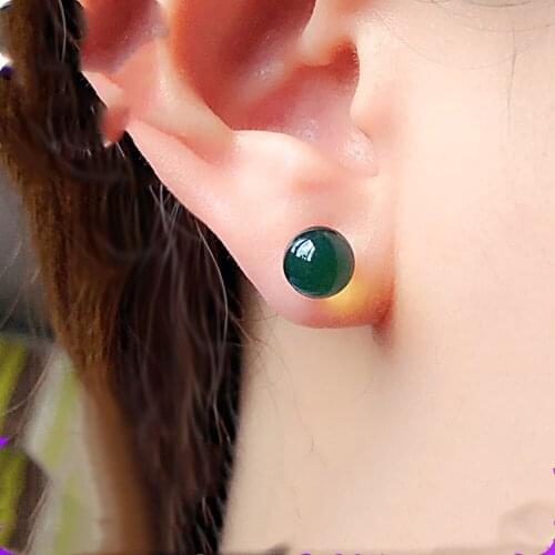 Blue amber round stud s925 earrings 6/8/10/12mm nature FPPJ wholesale beads