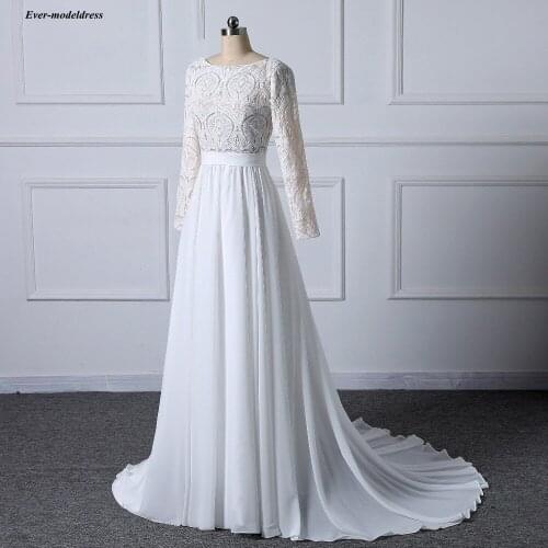 Bohemian Lace Wedding Dresses 2021 Scoop Long Sleeves Backless Chiffon Skirts Chic Rustic Bridal Gowns Vestido