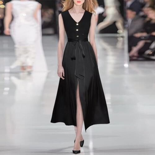 Fashion Designer Summer Ankle-Length Dress Women Black Sleeveless Single Breasted Professional temperament Belt Slim Dresses