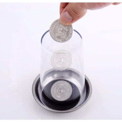 Coin Penetrates into the Cup Tricks The Good Stretch COINS Through the Glass Magical Steel Cup Mat Magic Trick Props