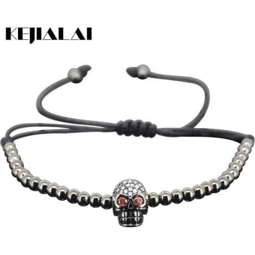 Anil Arjandas Men Bracelets, Water Proof 4mm Brass Beads Micro Pave Crystal CZ Skull Bracelet, Braiding Macrame Bracelet, Gift