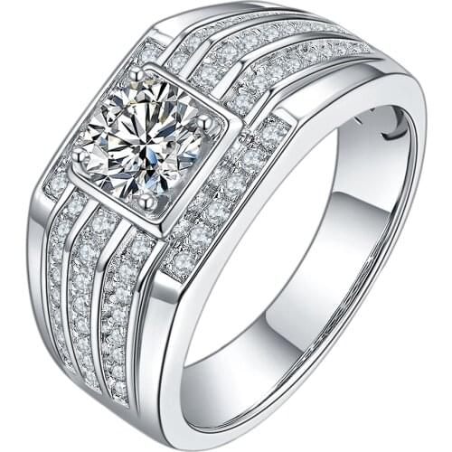 Y&L 925 Sterling Silver Moissanite Ring For Men Wedding 1.0ct 6.5mm Round Brilliant Mens Moissanite Diamond Ring