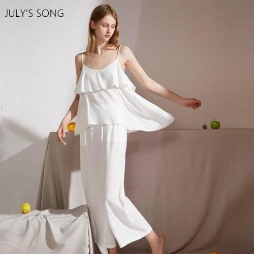 JULYS SONG Viscose Women Pajamas Casual Turn-down Collar Sleevess Sleepwear Woman White Spring Summer Pyjama Femme Nightwear