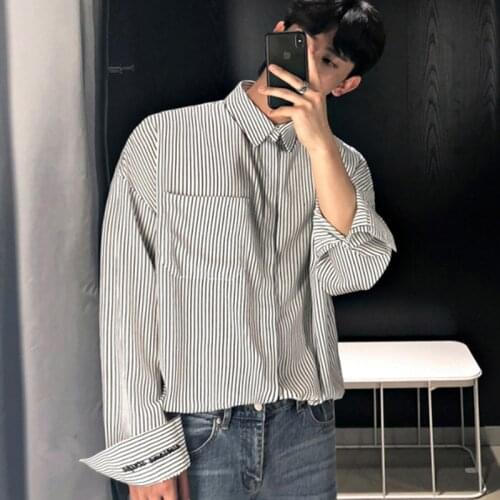 Korean Style Striped Long Sleeve Male Shirt Loose Casual Pocket Mens Shirt 2021 New Single Row Button Autumn Bottoming Top Men