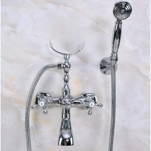 Wall Mounted Bathtub Faucet Double Handle Polished Chrome Mixer Tap Bath Shower Faucets With Hand Shower zna226