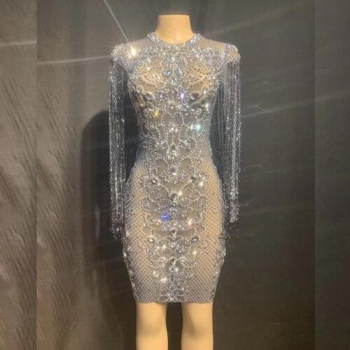 Silver Rhinestones Mesh Perspective Black Fringes See Through Dress Birthday Celebrate Prom Outfit Bar Women Dance