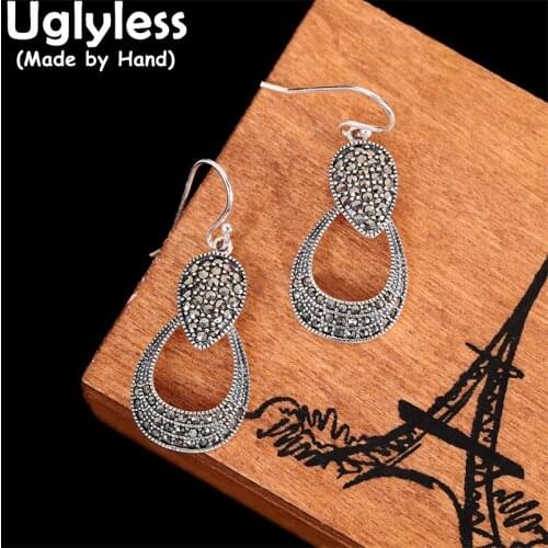 Uglyless Simple Rhombus Geometric Square Earrings for Women Hollow Thai Silver Brincos Bijoux 925 Silver Vintage Exotic Jewelry