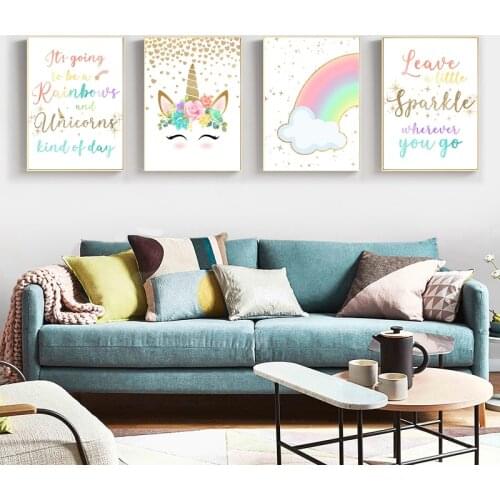 Nordic unicorn rainbow heart cartoon canvas print poster mural simple children living room bedroom hotel decorative painting