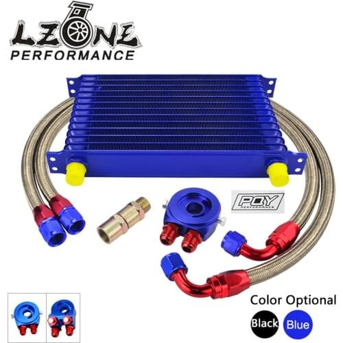 LZONE - Universal 13 ROWS Trust type OIL COOLER + AN10 oil filter sandwich adapter + STAINLESS STEEL BRAIDED HOSE LINE