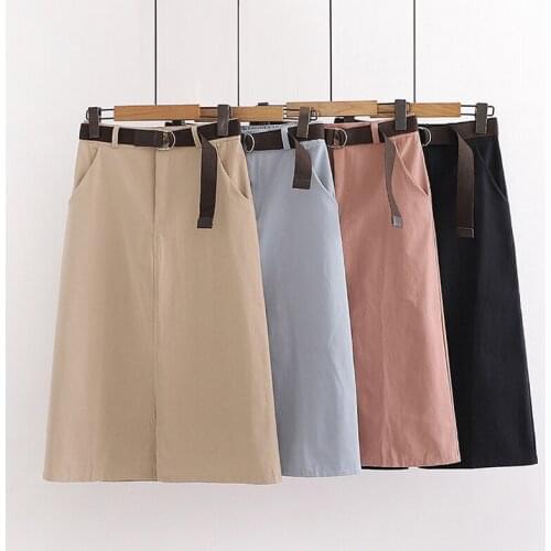 Cotton Slit Midi Skirt Women 2020 Spring Summer Korean Black Blue High Waist Sun School Office Skirt Female With Belt